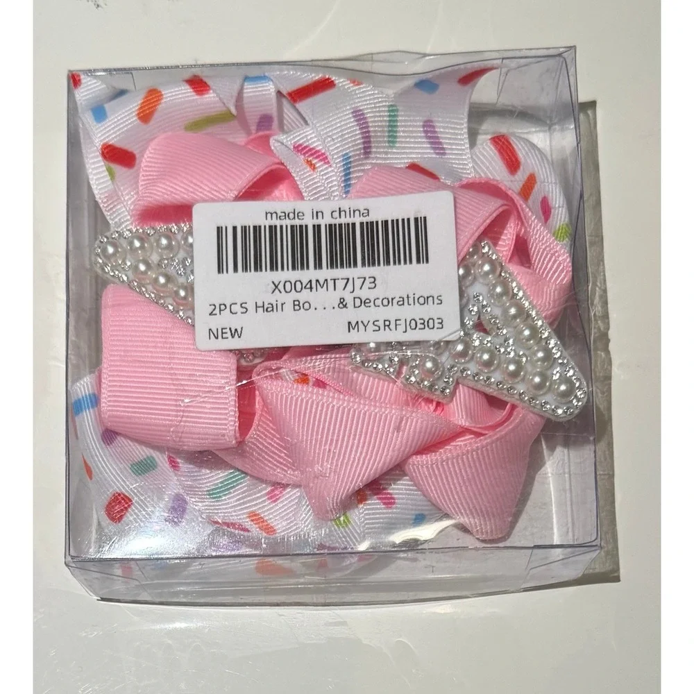 2PC‎ 4th Birthday Hair Bows Pink White Sprinkles Pearl Number 4 Hair Clips Set